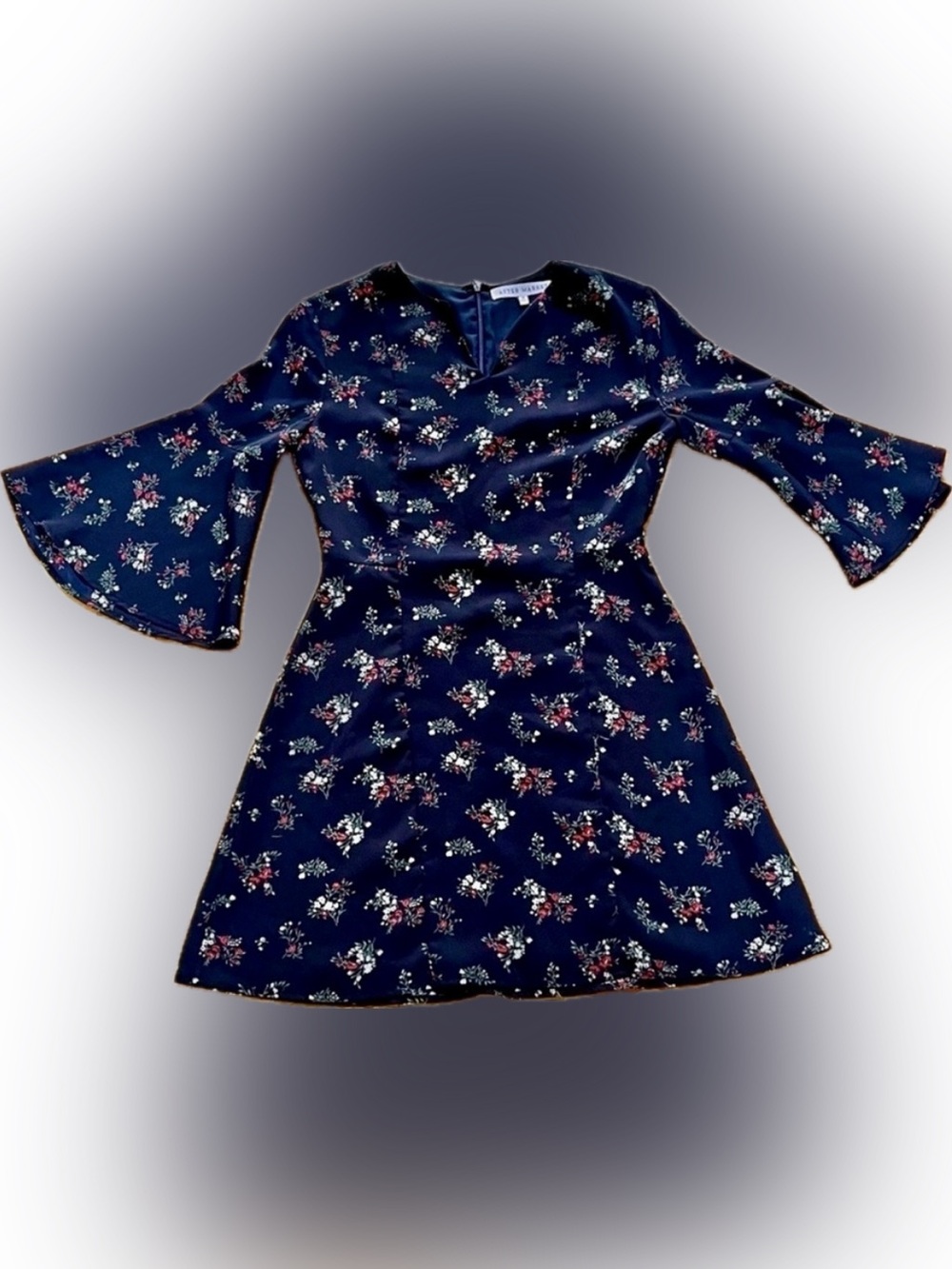 After Market Navy Blue Ditsy Floral Chiffon Mini Dress - 3/4 Bell Sleeve Size S